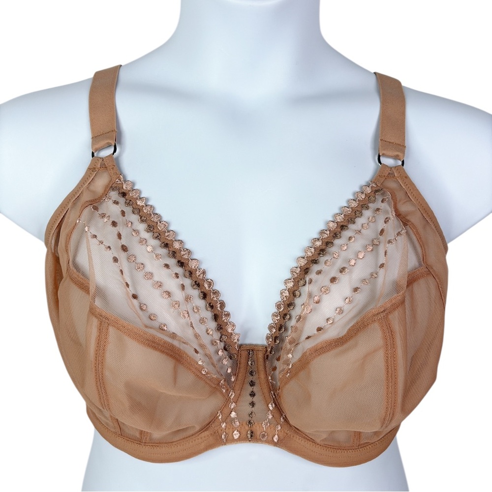 Elomi Matilda Plunge Bra sz 34H (UK) / 34K (US) * Tan Dot Trim Sheer